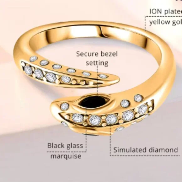 Black Glass and Simulated Diamond Snake Ring in ION Plated YG Stainless Steel - Picture 5 of 5